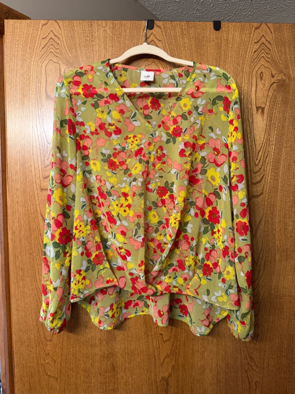 cAbi Olive Floral V-Neck Blouse with Red and Yellow Flowers